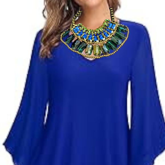 Pam Hiran Chunky Statement Necklace Various Blue Glass Beads Brass Ribbon NWOT - Picture 10 of 10